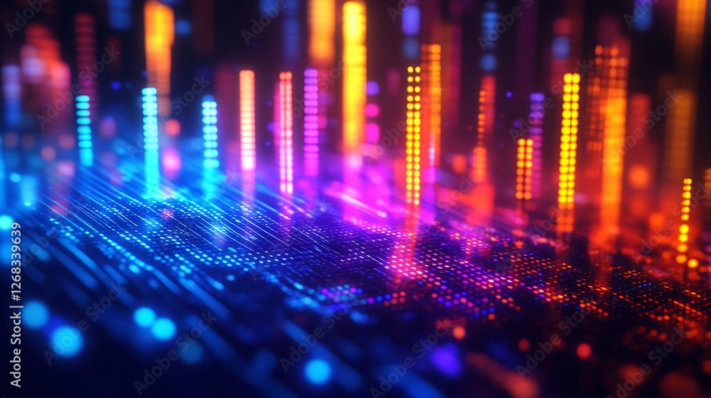 Poster surreal digital soundwave visualization featuring vibrant colors and abstract shapes.