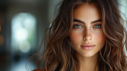 Fototapeta premium A close-up portrait of a young woman with natural beauty and expressive eyes.