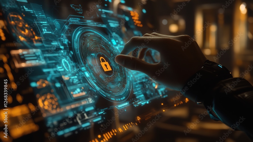 Aufkleber holographic cybersecurity dashboard, highlighting a secure lock symbol in a tech-inspired setting
