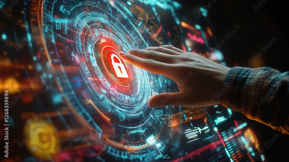 Aufkleber holographic cybersecurity dashboard, highlighting a secure lock symbol in a tech-inspired setting