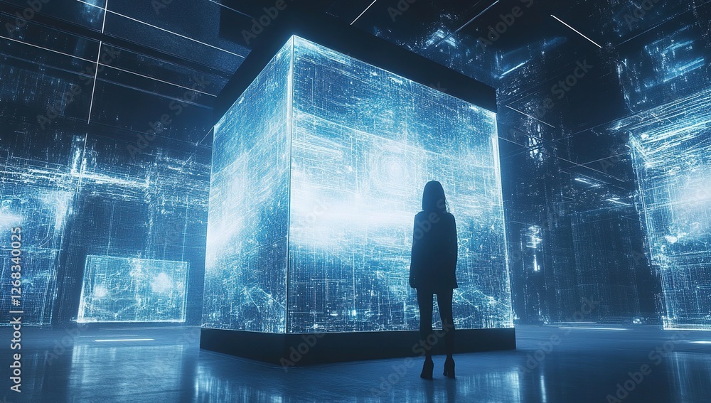 Poster exploring futuristic data cubes: a woman observes intricate digital networks in a sci-fi setting, re