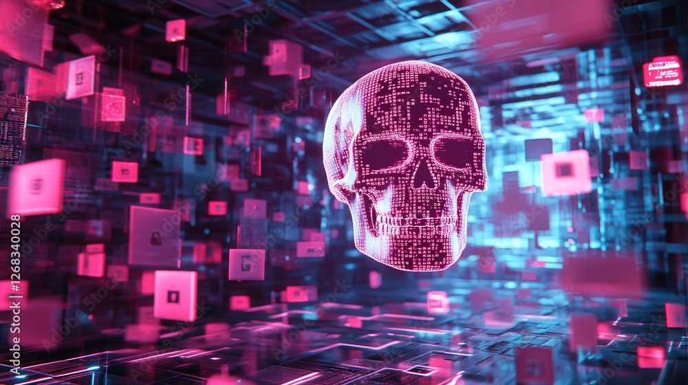 Aufkleber ransomware virus, with a skull hologram and floating encrypted data files in a futuristic cyber worl