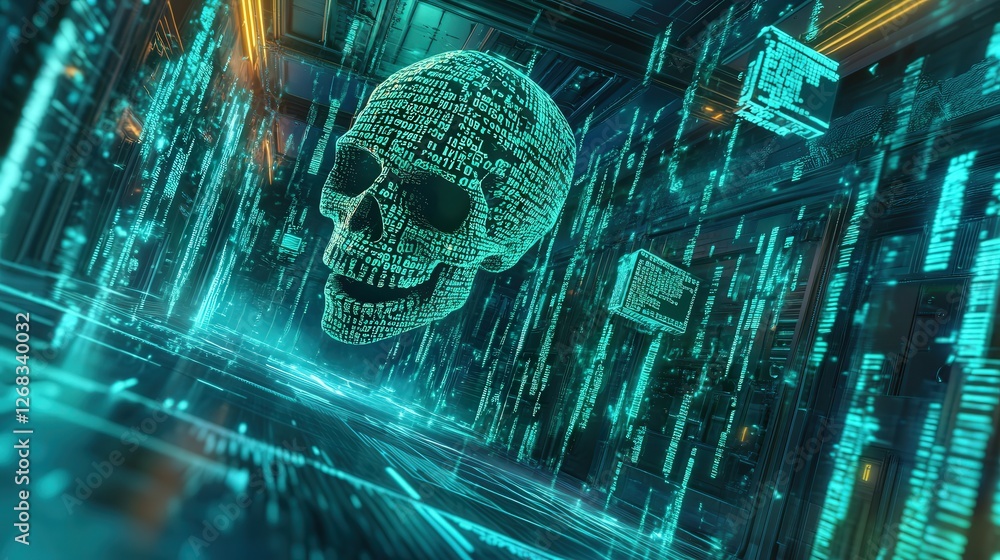 Poster ransomware virus, with a skull hologram and floating encrypted data files in a futuristic cyber worl