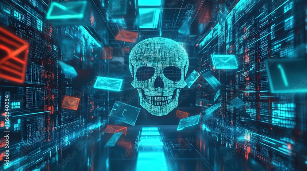 Poster ransomware virus, with a skull hologram and floating encrypted data files in a futuristic cyber worl