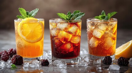 Three refreshing iced drinks with mint and lemon, served on a bed of ice.