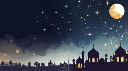"enchanting digital painting of islamic city skyline at night featuring moonlit mosques under a starry sky for ramadan eid mubarak backgrounds and islamic architecture art"