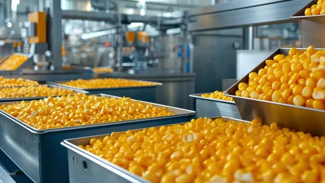 Corn Processing Plant: Rows of gleaming stainless steel containers overflow with vibrant yellow corn kernels, a mesmerizing view into the high-volume processing of a staple crop.