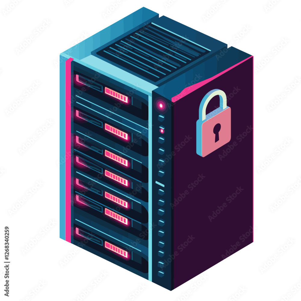 Poster isometric server rack with padlock symbol for data security and protection