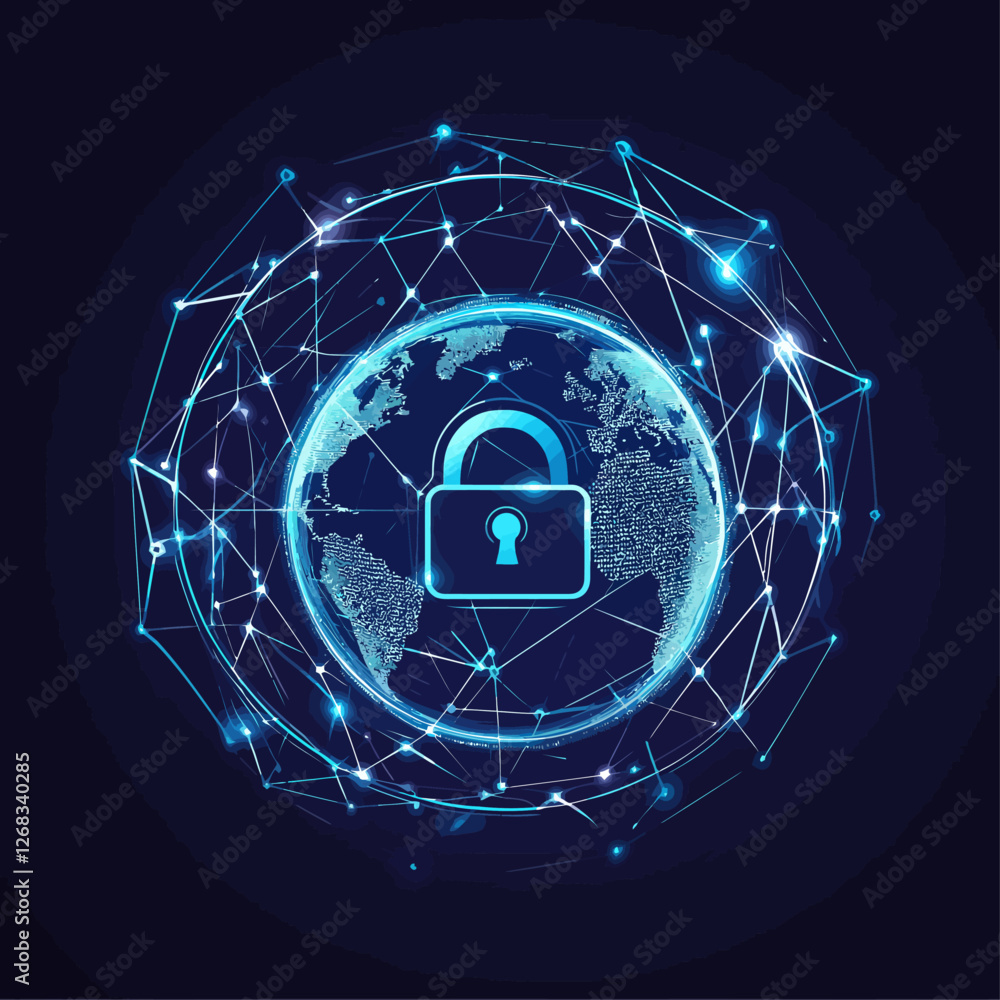 Poster global data security: earth and padlock with network connections in blue