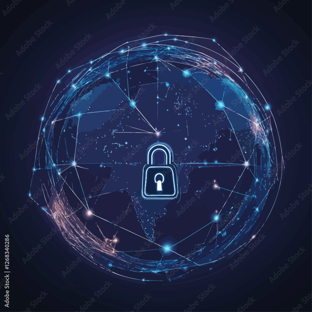 Aufkleber global cyber security: world globe with padlock symbol in digital network