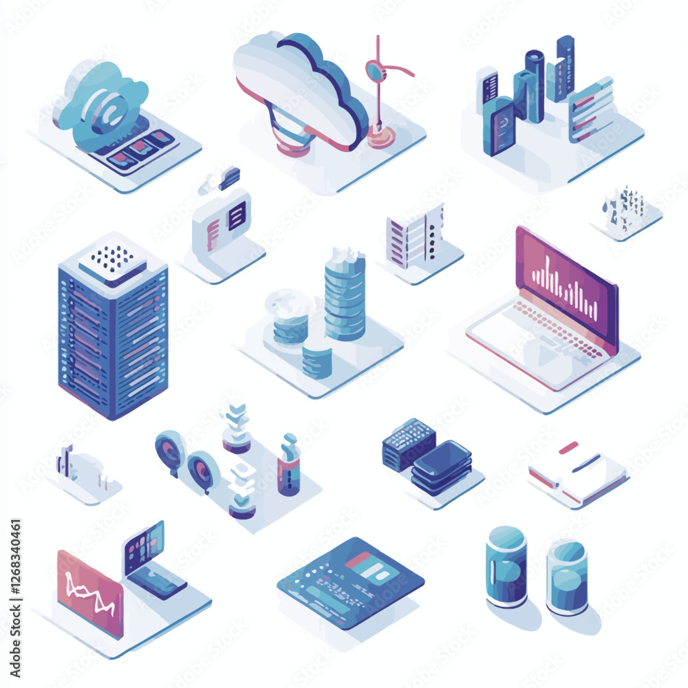 Aufkleber isometric cloud computing and data server illustration