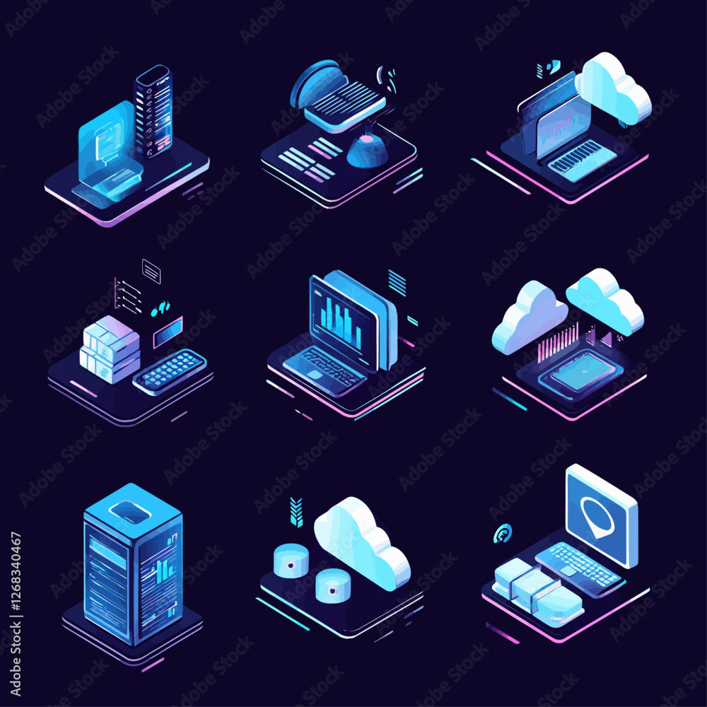 Poster isometric cloud computing and technology icons on dark background