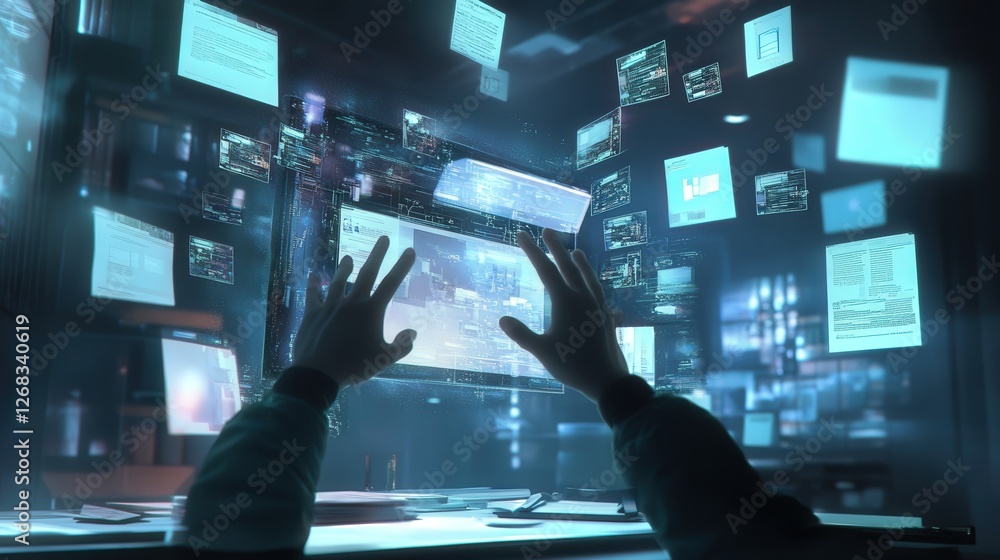 Poster digital workspace where hands interact with floating files and a futuristic cloud-based interface