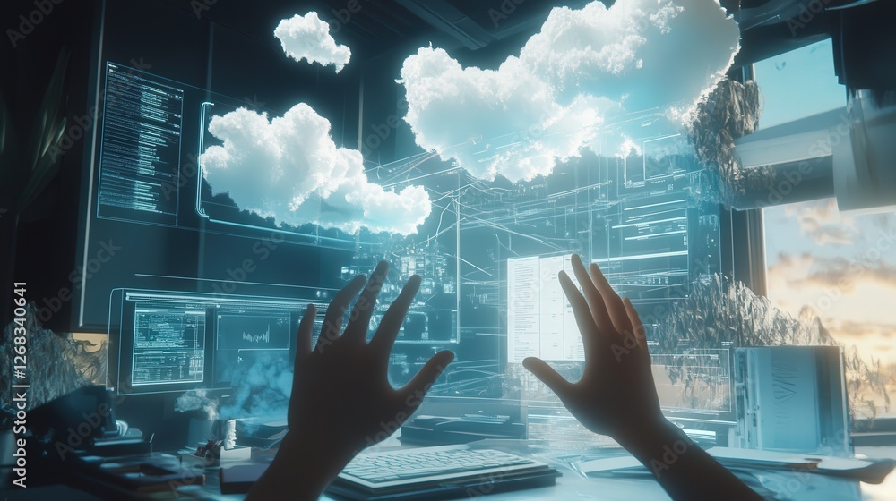 Poster digital workspace where hands interact with floating files and a futuristic cloud-based interface