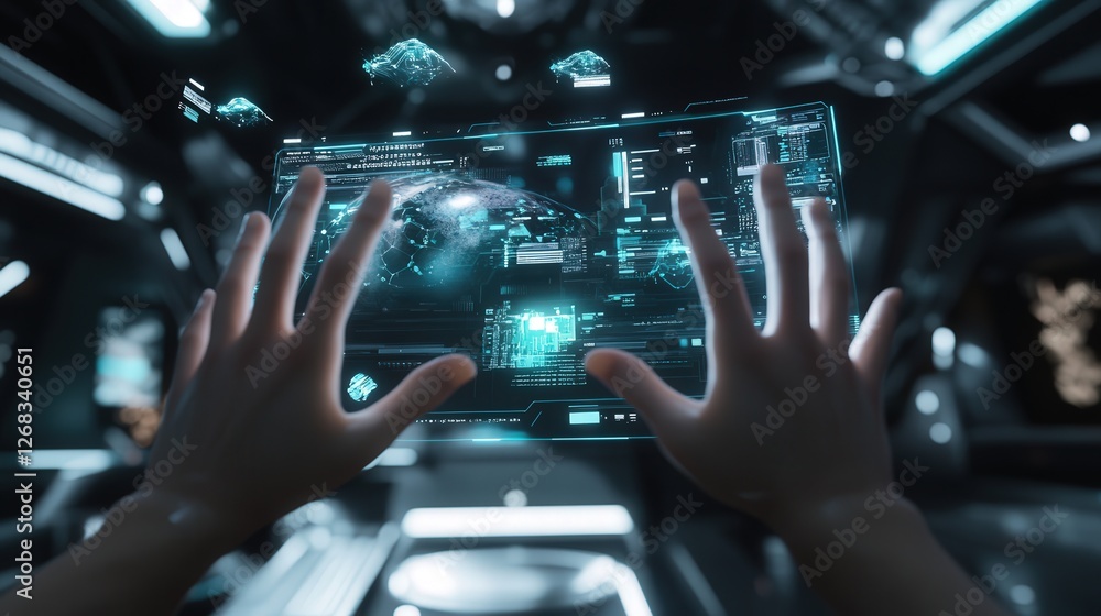 Poster digital workspace where hands interact with floating files and a futuristic cloud-based interface