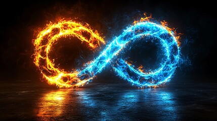 Fiery ice infinity symbol on dark floor