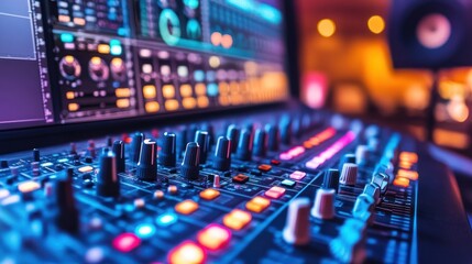 Fototapeta premium Studio mixing console, audio production, colorful lights, recording session, music