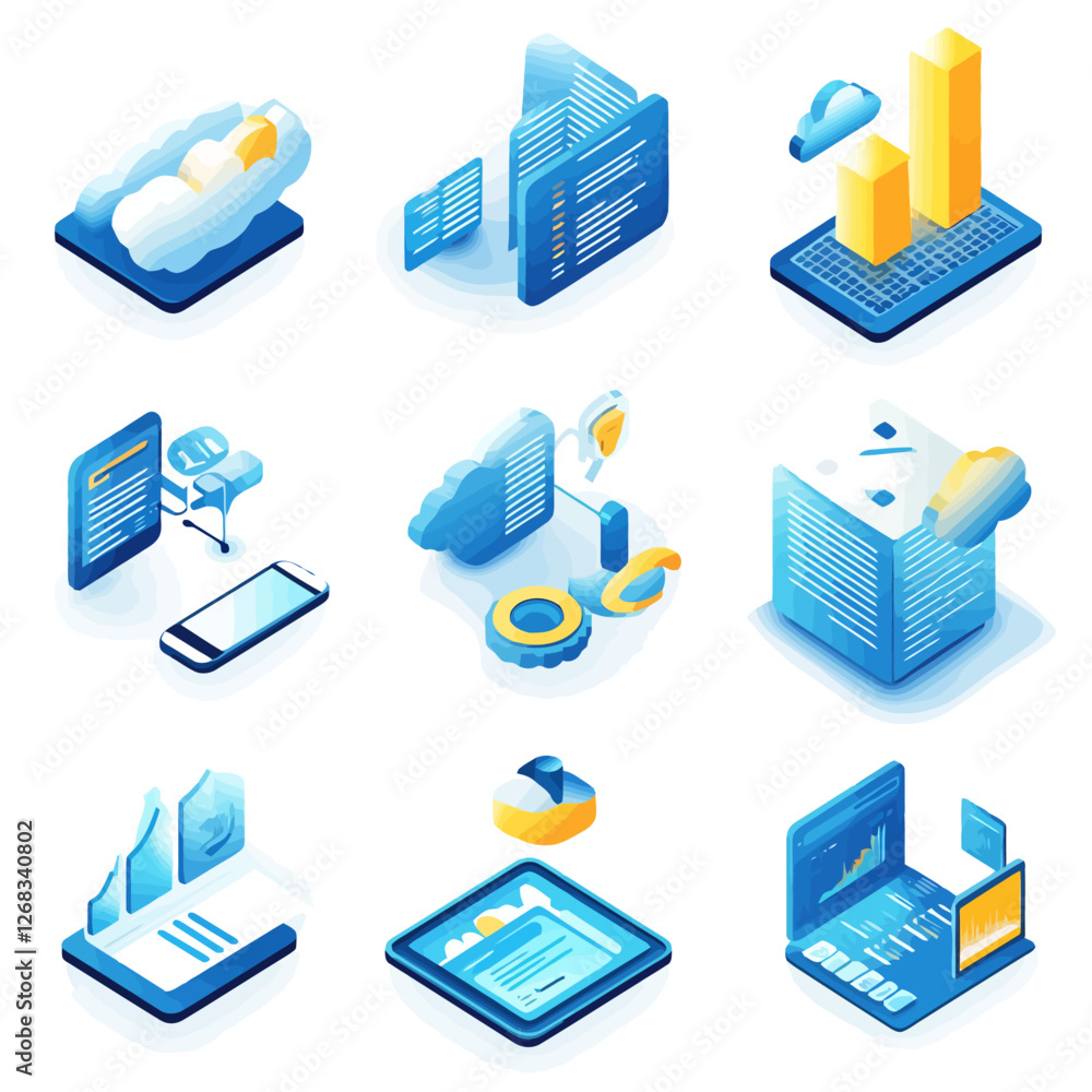 Poster isometric illustrations depicting data, cloud computing and technology concepts.