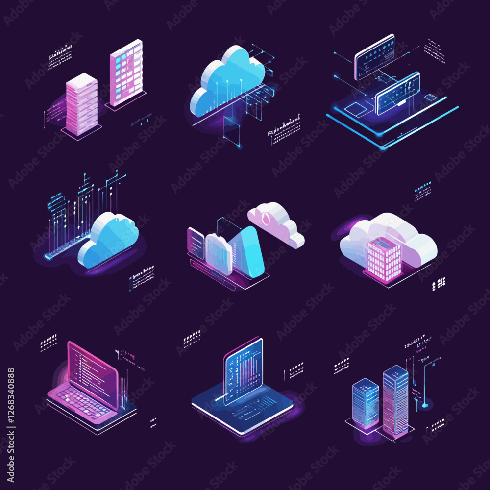 Poster isometric digital cloud computing and data server technology concept