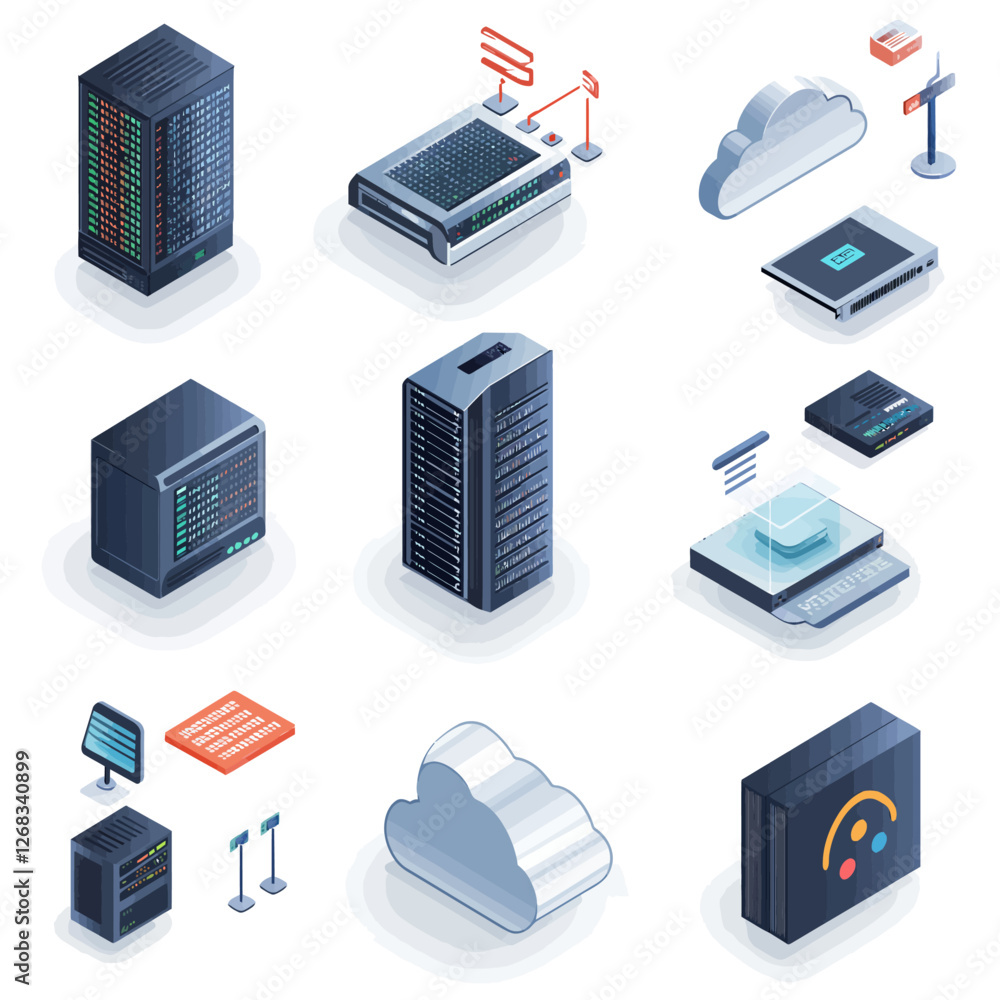 Poster isometric data center servers and cloud computing technology concept.