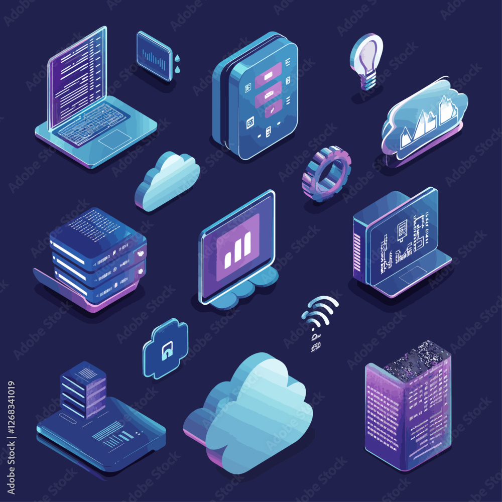 Poster isometric view of cloud computing, data center and software coding.