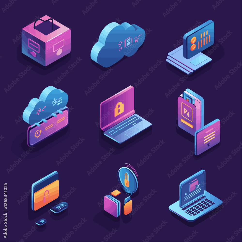 Poster cloud computing security with laptop, data encryption and safe transfer.