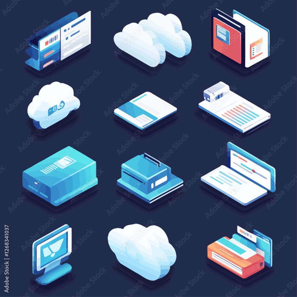 Poster isometric icons set of cloud computing, technology, and data storage.