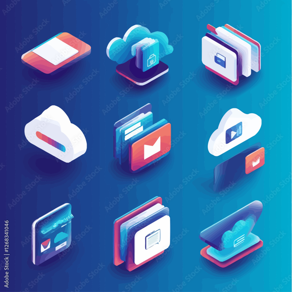 Poster isometric cloud computing icons, data storage, and file sharing.