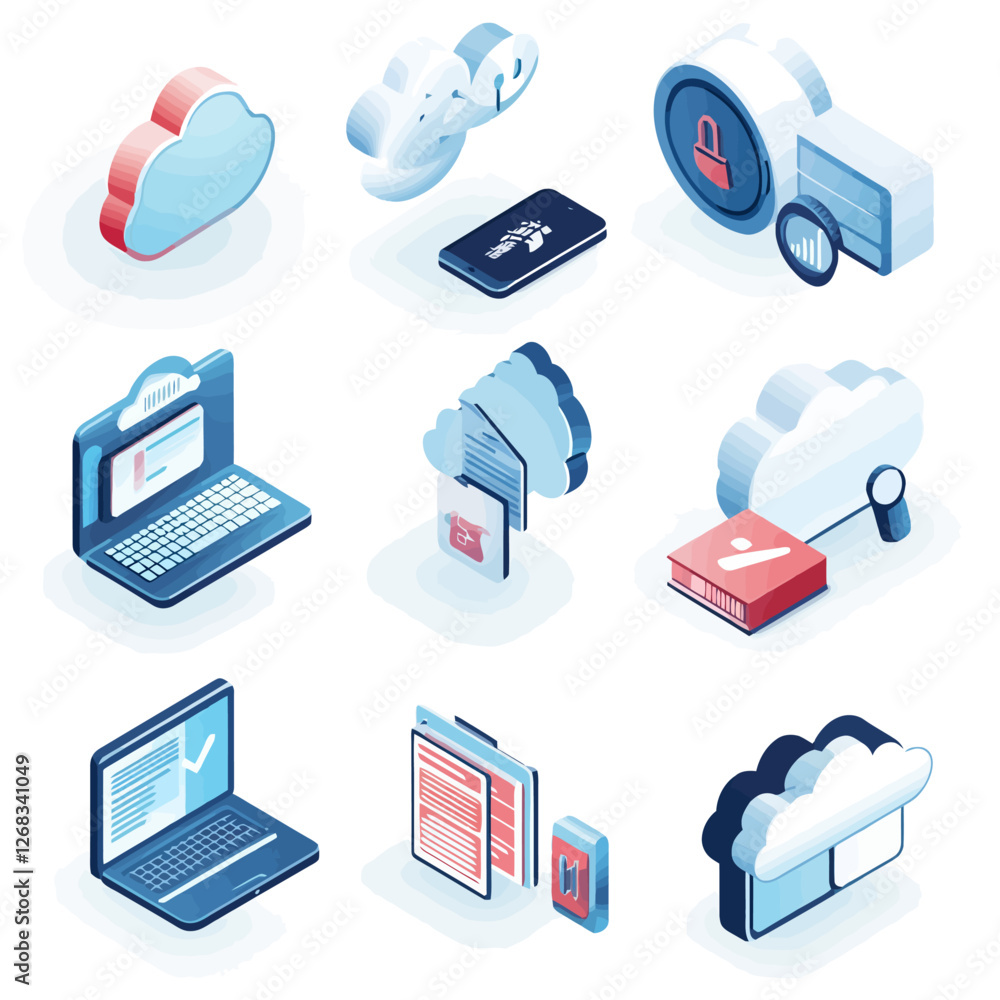 Poster cloud computing icons in isometric style with data security and laptop