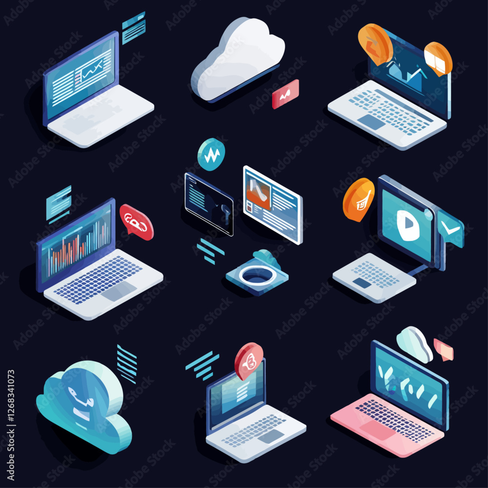 Poster isometric laptops with data, cloud, and app icons on a dark background