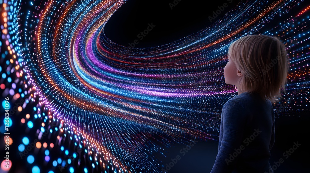 Poster child gazing at colorful light streams in a digital universe