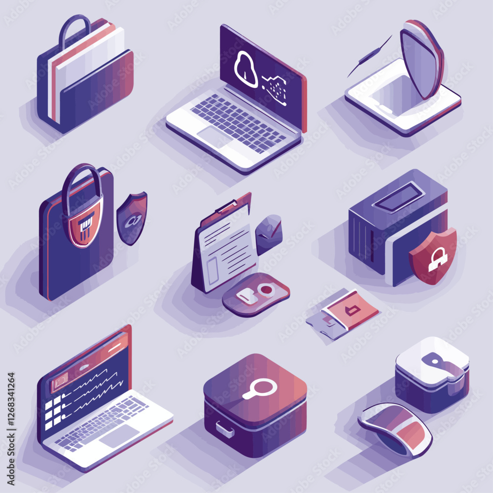 Poster isometric technology and data security icons with shield and lock symbols.