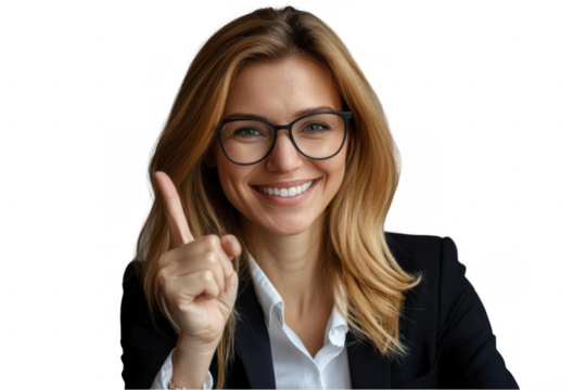 Young professional woman smiling and pointing upwards, suggesting ideas in a modern office setting