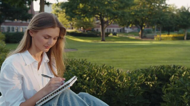Pretty girl thinks questioningly and finding solution idea while write and make notes sitting on grass at park.