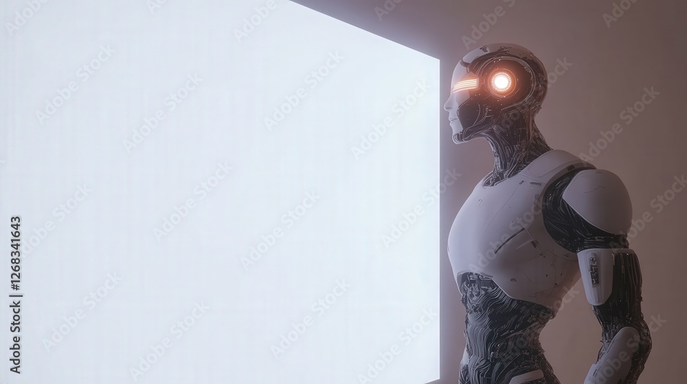 Poster ai cyborg with digital glowing features stands in front of a blank white led advertising board, show