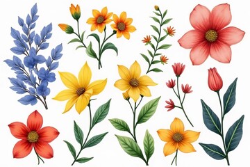 Obraz premium Colorful Floral Illustration Collection with Various Flowers and Leaves