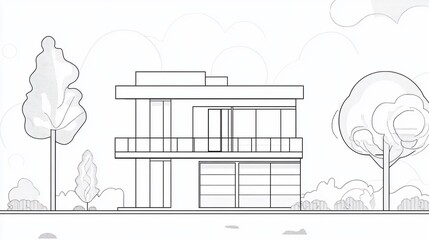 Architectural drawing of a two-story modern house with minimalist design and surrounding trees
