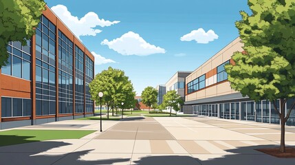 Fototapeta premium Sunny campus courtyard with modern buildings, green trees, and paved walkways. (1)