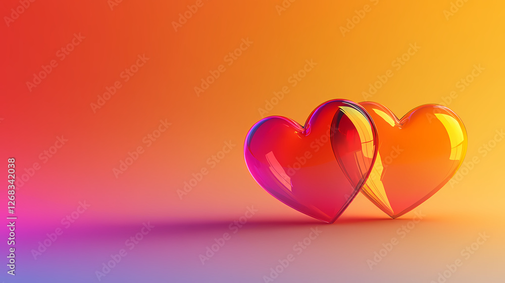 Poster shiny red and orange heart shapes overlap on gradient background