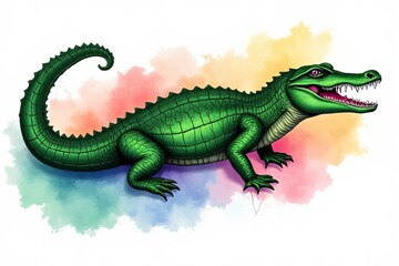 Fototapeta premium Colorful Illustration of a Green Crocodile with Watercolor Background