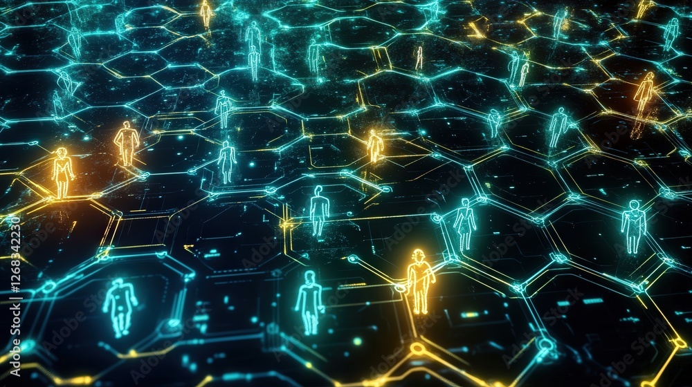 Poster interconnected hexagon grid with human icons and digital connections, visualizing the bonds of a soc