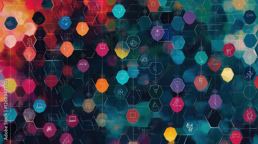 Poster interconnected hexagon grid with human icons and digital connections, visualizing the bonds of a soc