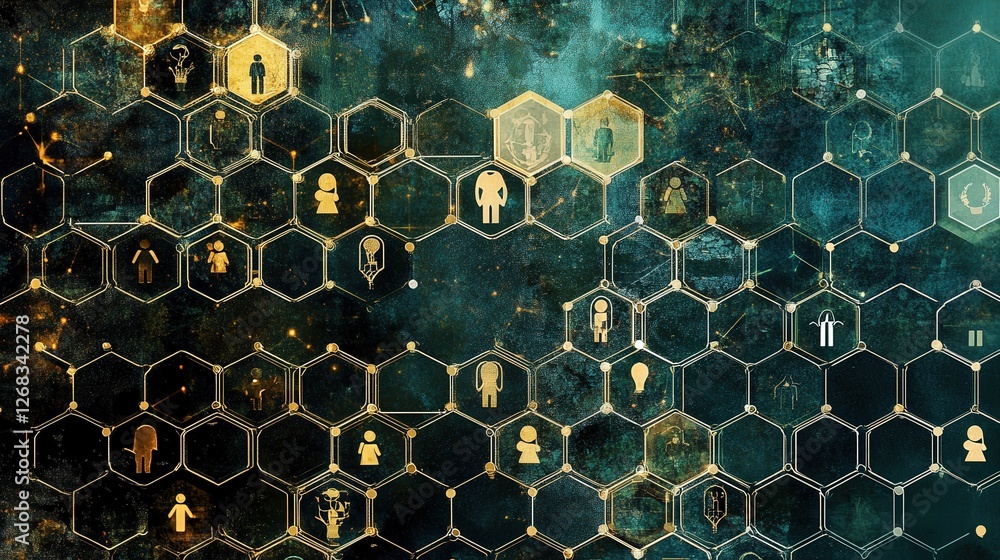 Poster interconnected hexagon grid with human icons and digital connections, visualizing the bonds of a soc