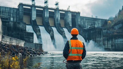 Engineer observing hydroelectric dam's water flow.