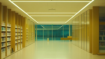 Modern library hallway, night view, bookshelves, glass walls, quiet study