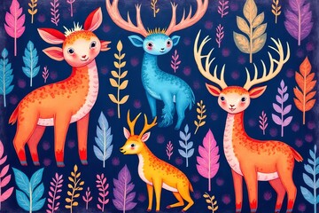Fototapeta premium Cute Cartoon Deers in a Forest Scene with Colorful Leaves