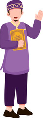 Fototapeta premium Smiling Muslim Man Holding Quran, Welcoming Gesture, Purple Attire