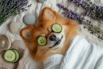 Pomeranian dog enjoying a luxurious spa day, wrapped in a soft white towel with cucumber slices on its eyes, surrounded by lavender flowers and relaxation stones