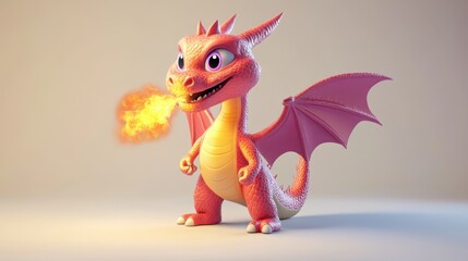 Cute pink dragon character with fire breath, cartoon style design