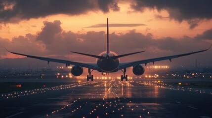 Majestic Airplane Landing at Sunset